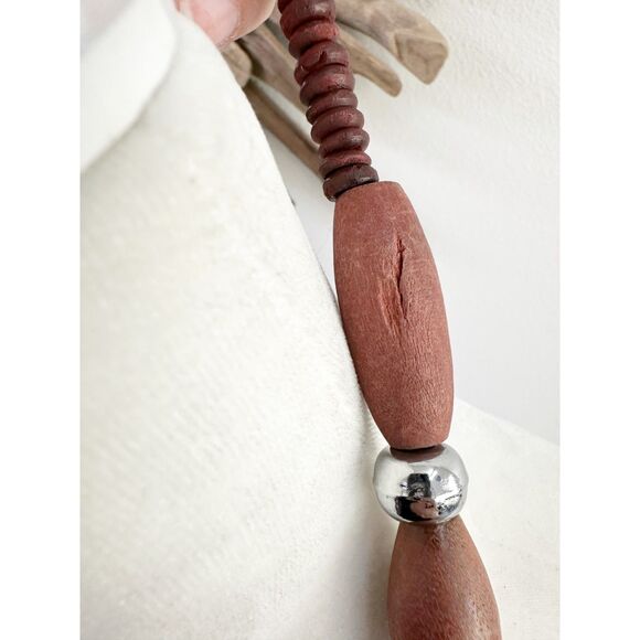Vintage 70s Long Wooden Bead Necklace | 40” with Silver Tone Spacers - Picture 2 of 6